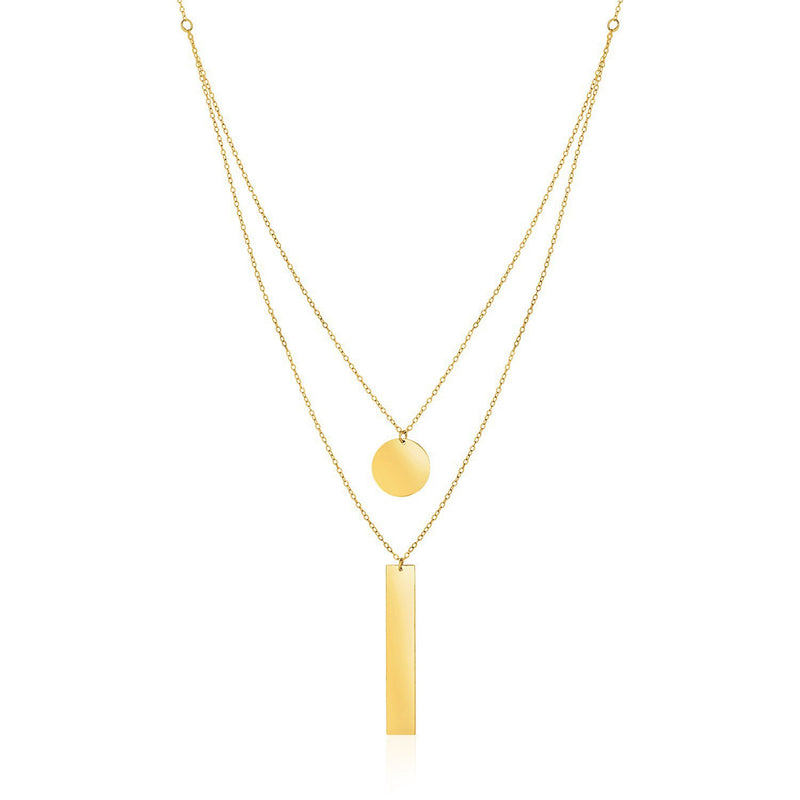 14k Yellow Gold 18 inch Two Strand Necklace with Circle and Bar Pendants