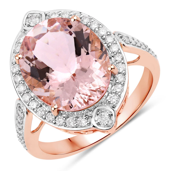 5.62 Carat Genuine Morganite and White Diamond 14K Rose Gold Ring