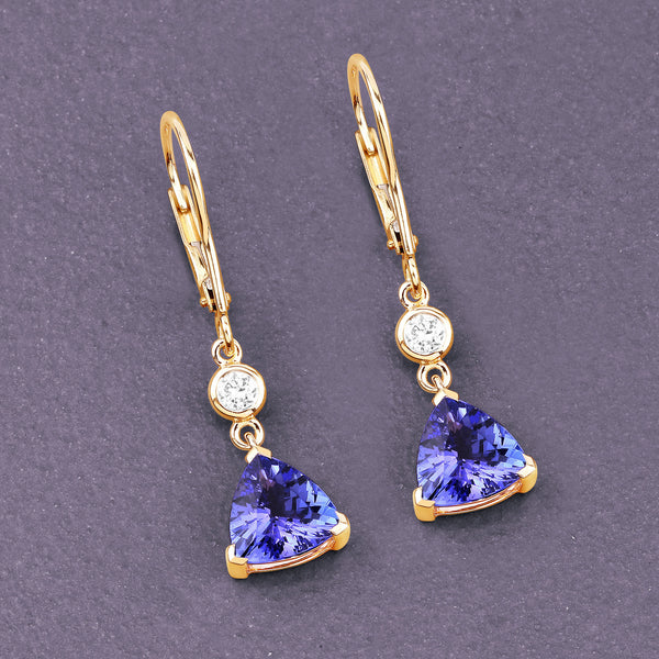 4.44 Carat Genuine Tanzanite and White Diamond 14K Yellow Gold Earrings