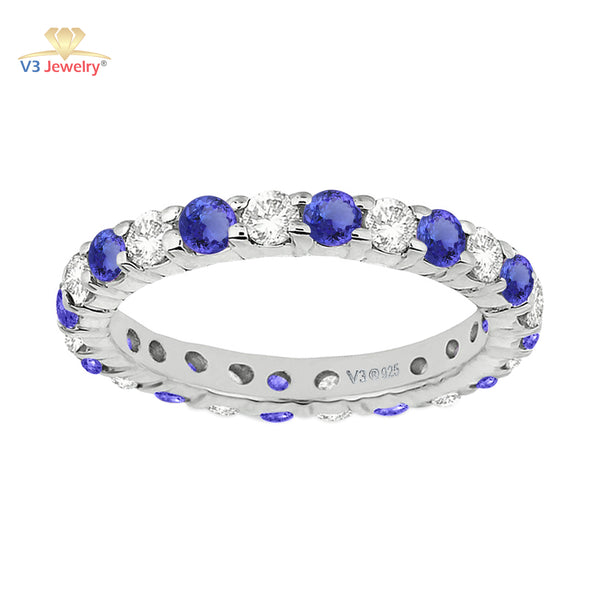 V3 Jewelry Blue Natural Tanzanite & White Topaz Eternity Band Ring