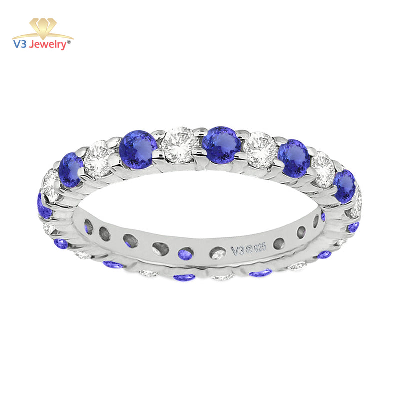 V3 Jewelry Blue Natural Tanzanite & White Topaz Eternity Band Ring