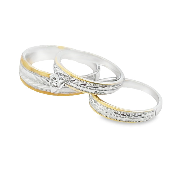 Diamond Antique Style Wedding Trio Set Sterling Silver