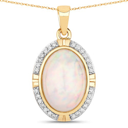 2.72 Carat Genuine Ethiopian Opal and White Diamond 14K Yellow Gold Pendant