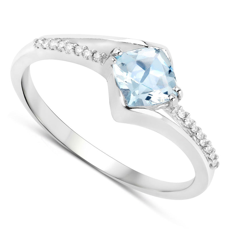 0.89 Carat Genuine Aquamarine and White Diamond 14K White Gold Ring