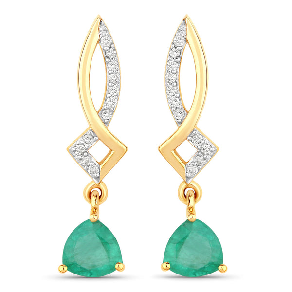 1.12 Carat Genuine Zambian Emerald and White Diamond 14K Yellow Gold Earrings