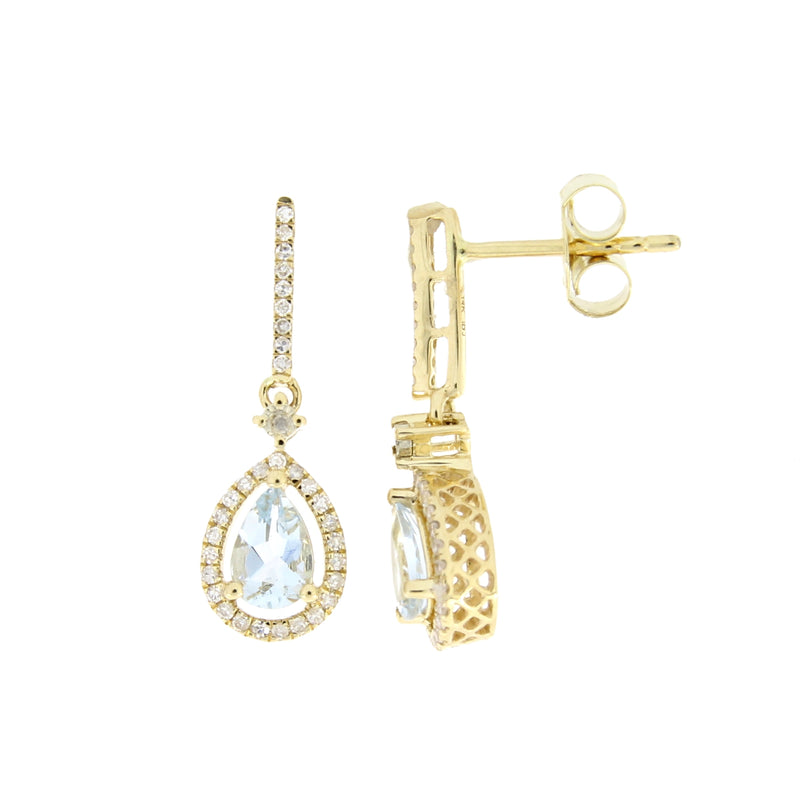 Aquamarine Diamond Dangle Earrings 14KT Yellow Gold