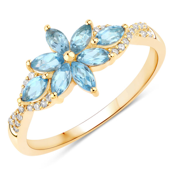 0.80 Carat Genuine Swiss Blue Topaz And White Diamond 10K Yellow Gold Ring