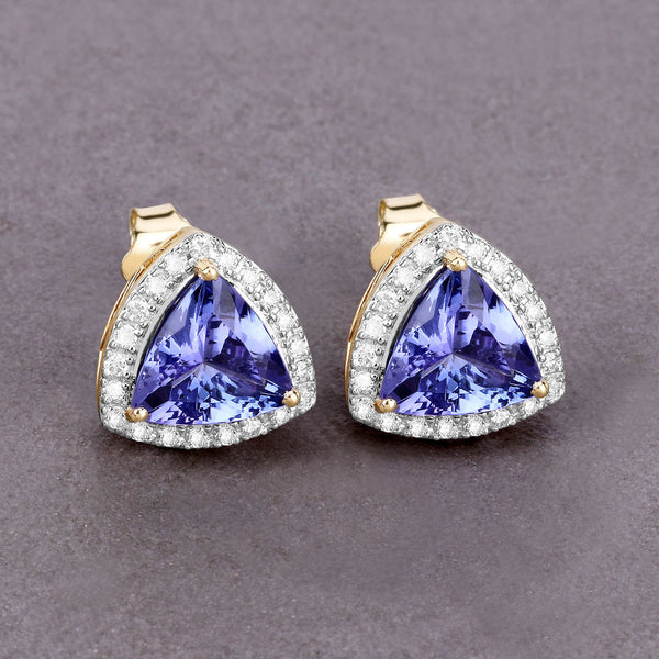 3.82 Carat Genuine Tanzanite and White Diamond 14K Yellow Gold Earrings