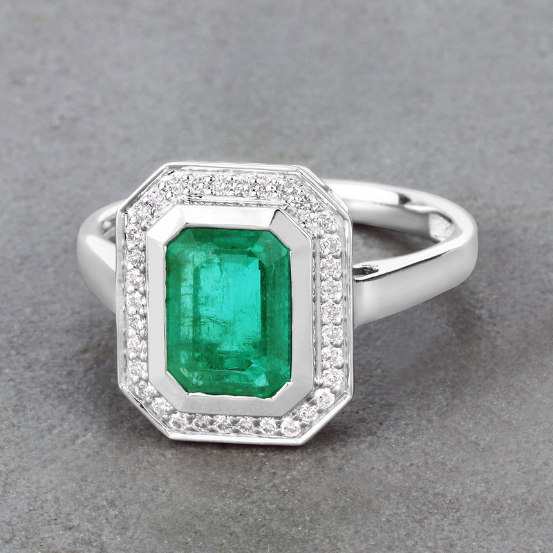 IGI Certified 2.00 Carat Genuine Zambian Emerald and White Diamond 14K White Gold Ring