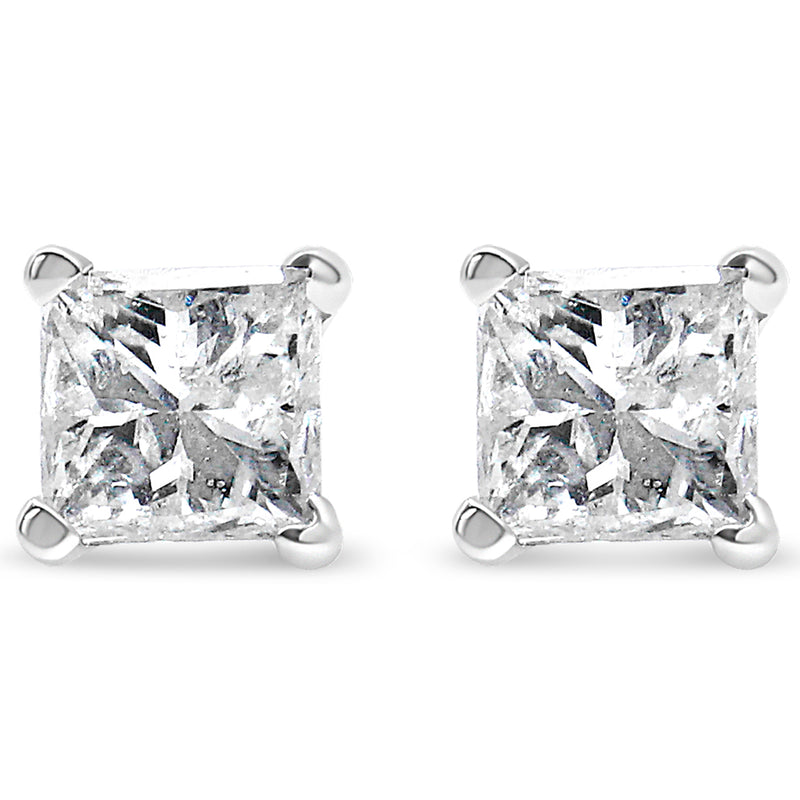 AGS Certified 2/5 Cttw Princess Cut Diamond 14K White Gold 4-Prong Solitaire Square Stud Earrings (L-M Color, I1-I2 Clarity)