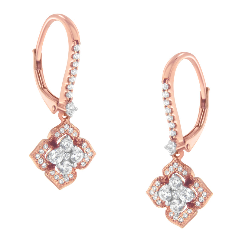 10K Rose Gold 3/4 Cttw Diamond Flower Drop Dangle Earring (I-J Color, I1-I2 Clarity)