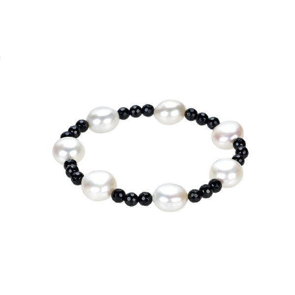 V3 Jewelry White Freshwater Pearl and Black Onyx stretchable Bracelet