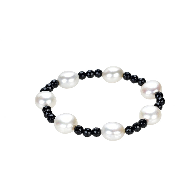 V3 Jewelry White Freshwater Pearl and Black Onyx stretchable Bracelet