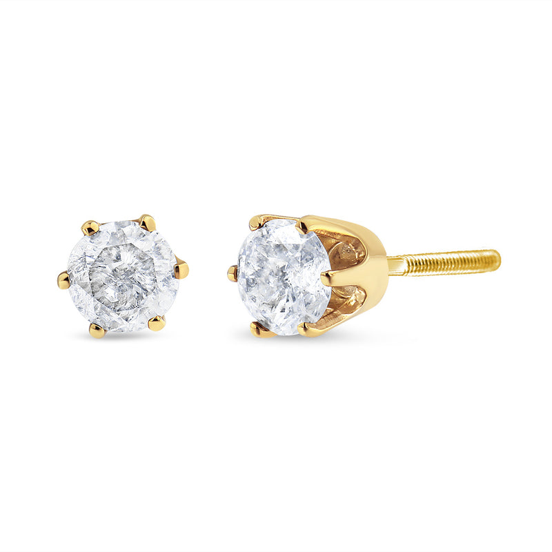 AGS Certified 2.00 Cttw Round Brilliant-Cut Near Colorless Diamond 14K Yellow Gold 6-Prong-Set Solitaire Stud Earrings with Screw Backs (F-G Color, I1-I2 Clarity)