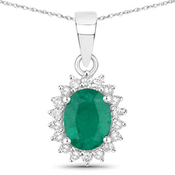 1.43 Carat Genuine Zambian Emerald and White Diamond 14K White Gold Pendant