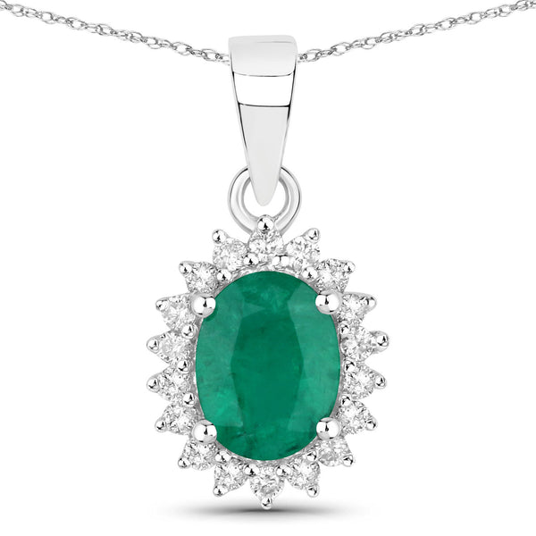 1.43 Carat Genuine Zambian Emerald and White Diamond 14K White Gold Pendant