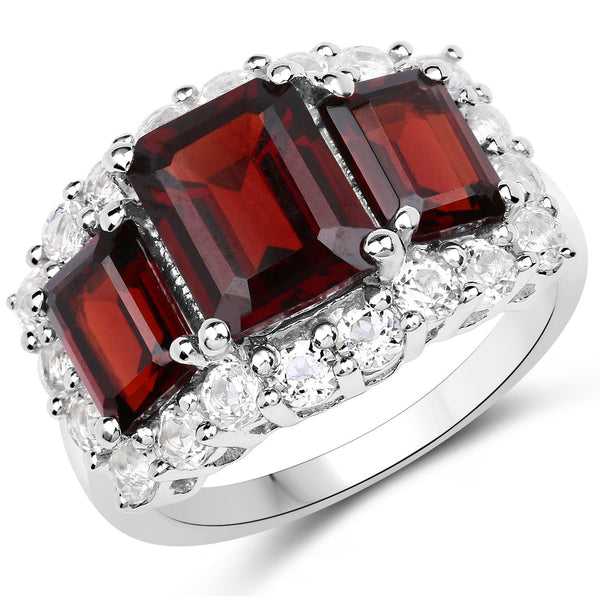 6.55 Carat Genuine Garnet and White Topaz .925 Sterling Silver Ring