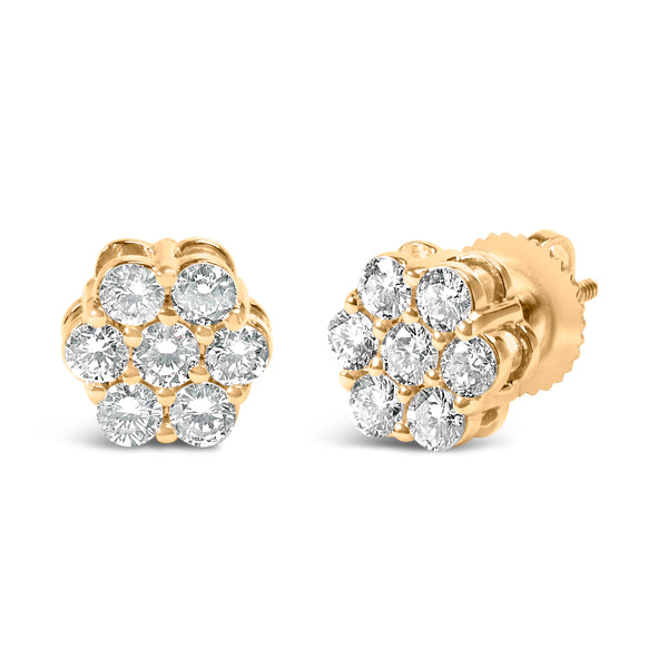 14K Yellow Gold 3/4 Cttw 7 Stone Floral Cluster Round Brilliant Cut Diamond Stud Earrings with Screw Backs (I-J Color, SI2-I1 Clarity)