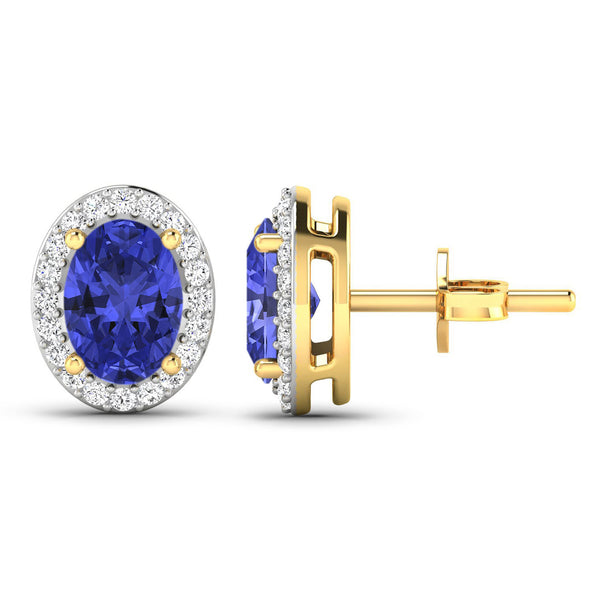 1.50 Carat Genuine Tanzanite and White Diamond 14K Yellow Gold Earrings