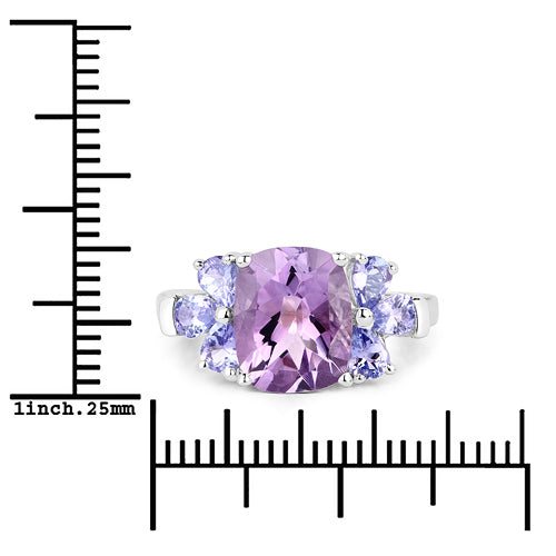 14K White Gold Plated 3.44 Carat Genuine Amethyst and Tanzanite .925 Sterling Silver Ring