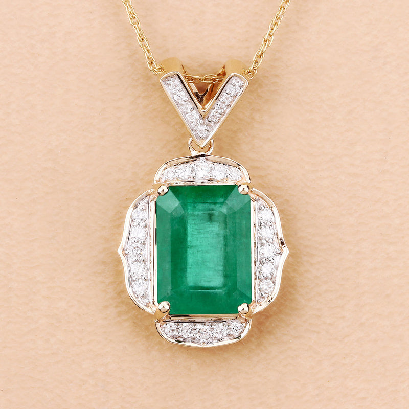 IGI Certified 4.40 Carat Genuine Zambian Emerald and White Diamond 14K Yellow Gold Pendant