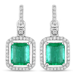 1.78 Carat Genuine Emerald and White Diamond 14K White Gold Earrings