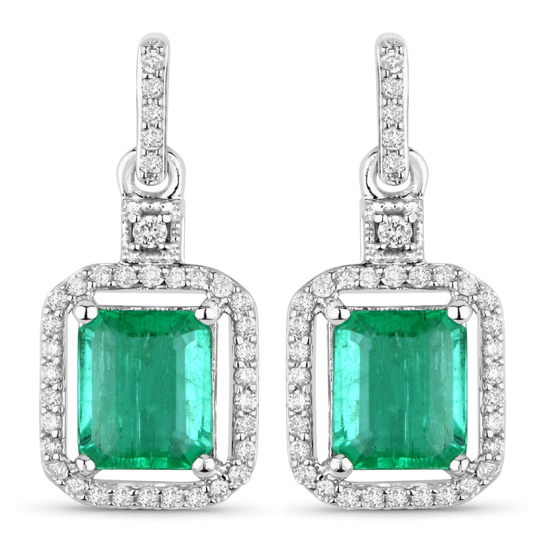 1.78 Carat Genuine Emerald and White Diamond 14K White Gold Earrings