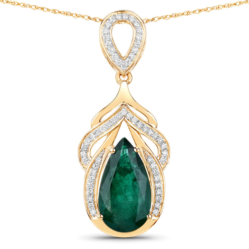 IGI Certified 4.33 Carat Genuine Zambian Emerald and White Diamond 14K Yellow Gold Pendant