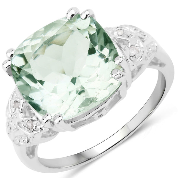 5.52 Carat Genuine Green Amethyst and White Diamond .925 Sterling Silver Ring