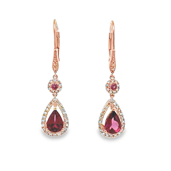 Rhodolite Garnet Diamond Dangle Earrings 14KT Rose Gold