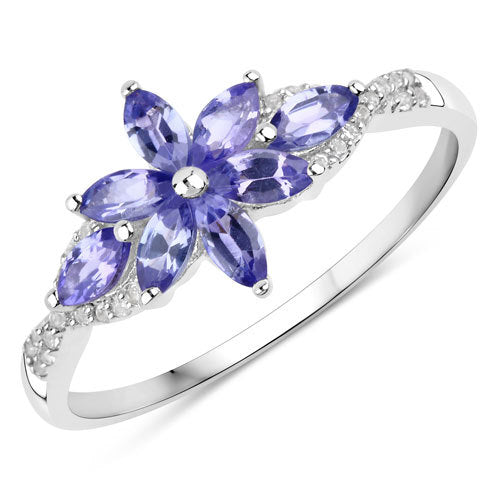 0.71 Carat Genuine Tanzanite and White Topaz .925 Sterling Silver Ring