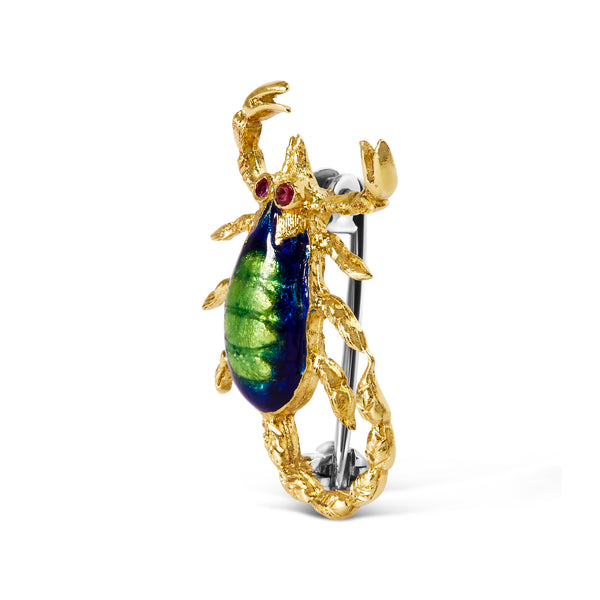 18K Yellow Gold and Pink Sapphire Enamel Scorpion Brooch Pin