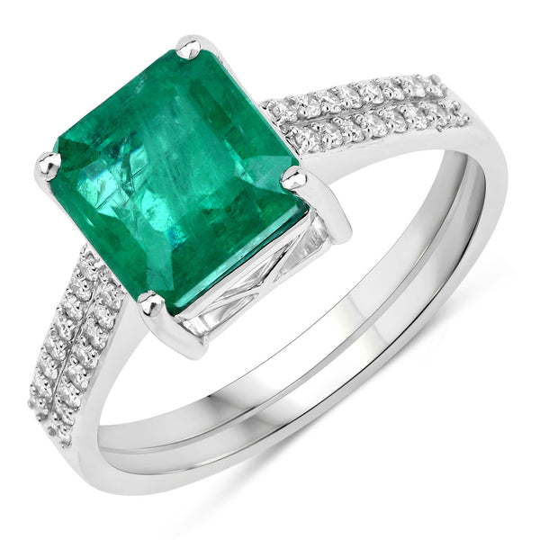 IGI Certified 3.11 Carat Genuine Zambian Emerald and White Diamond 14K White Gold Ring