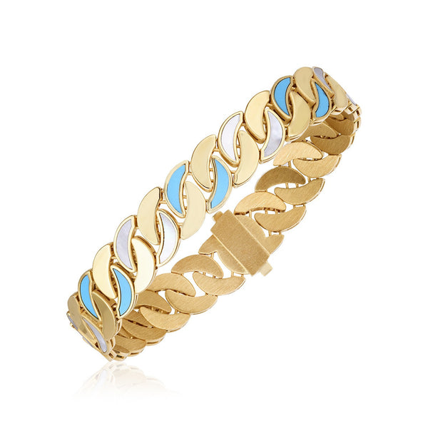 14k Yellow Gold High Polish Turquoise & Mother of Pearl Cuban Link Bracelet