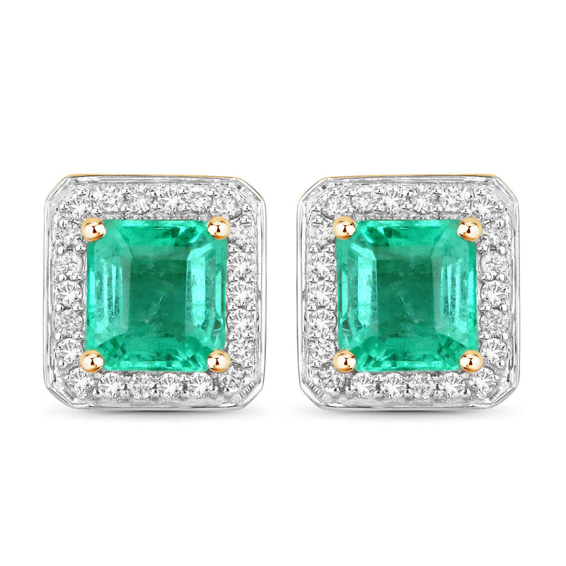 2.15 Carat Genuine Emerald and White Diamond 14K Yellow Gold Earrings