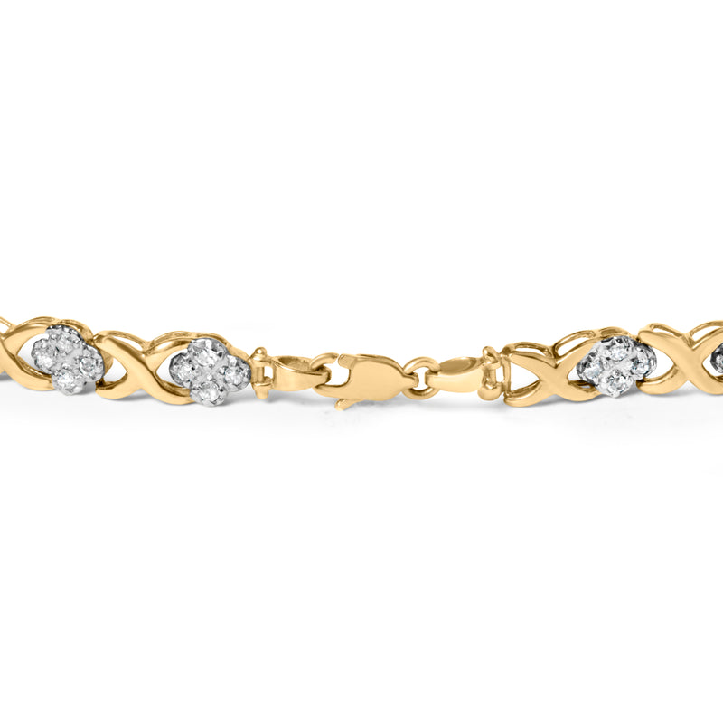 10K Yellow Gold 1.00 Cttw Diamond Cluster X Link Tennis Link 7.50" Bracelet  (I-J Color, I2-I3 Clarity)