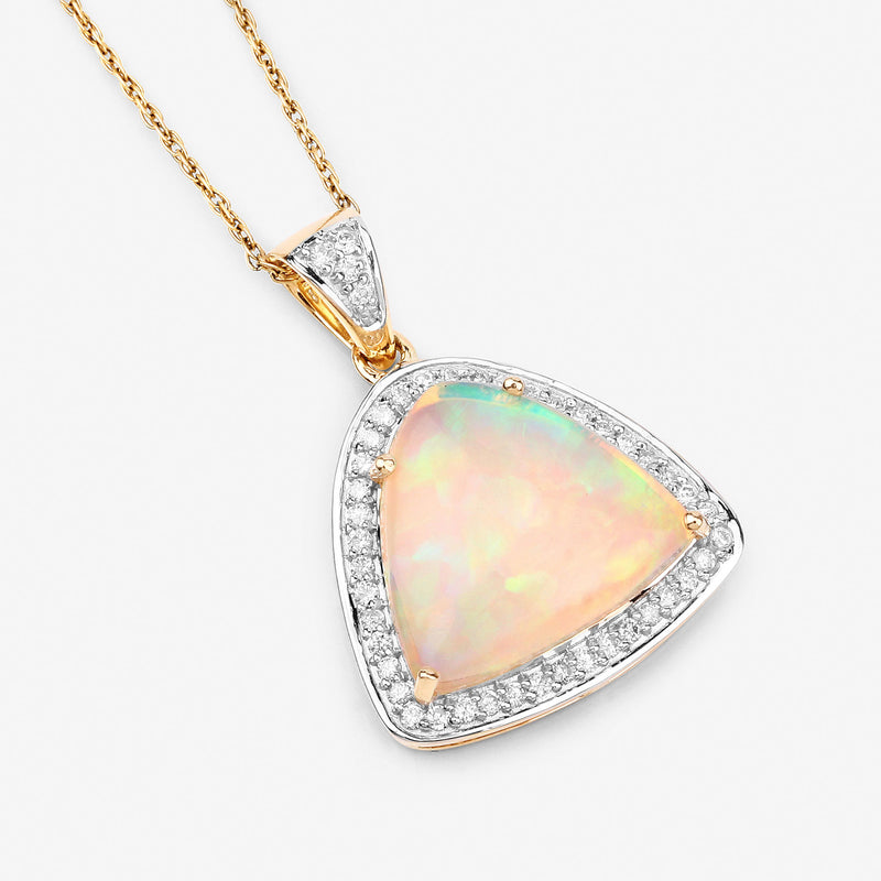 2.60 Carat Genuine Ethiopian Opal and White Diamond 14K Yellow Gold Pendant