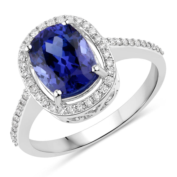 2.65 Carat Genuine Tanzanite and White Diamond 14K White Gold Ring