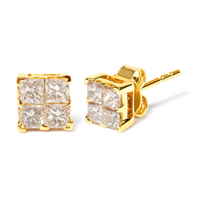 14K Yellow Gold 3/4 Cttw Invisible Set Princess-Cut Diamond 4 Stone Square Stud Earrings (J-K Color, SI2-I1 Clarity)