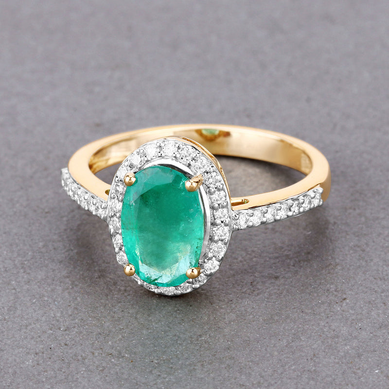 1.78 Carat Genuine Zambian Emerald and White Diamond 14K Yellow Gold Ring