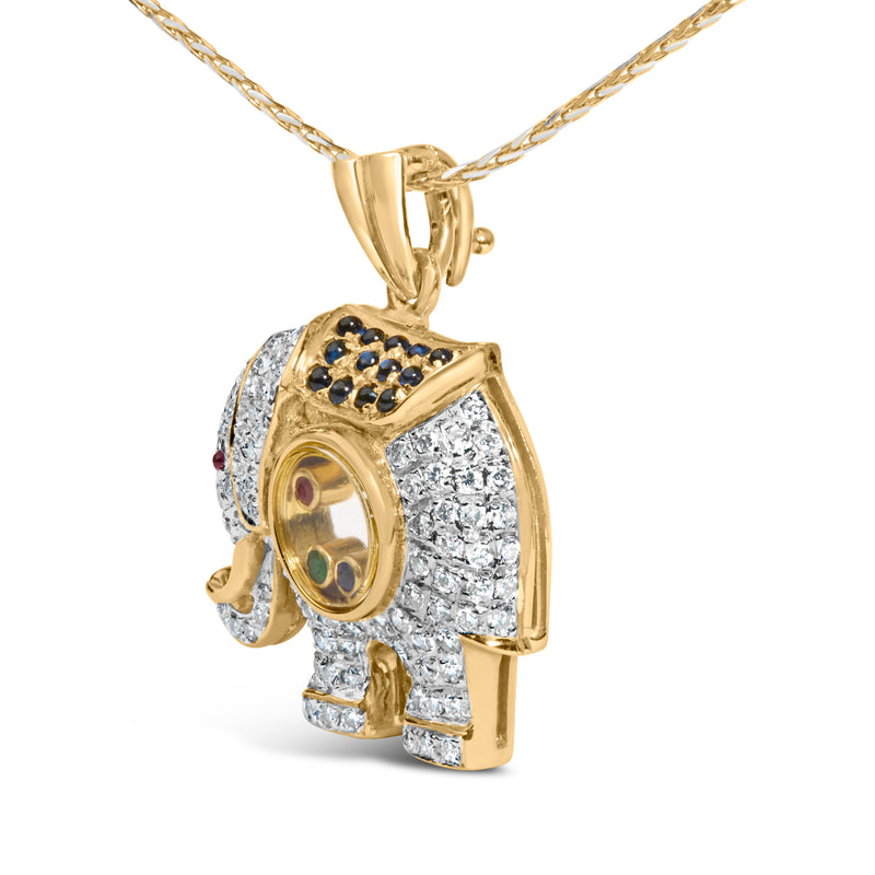 18K Yellow Gold 3/4 Cttw Diamond Elephant Shaker Pendant Necklace with Emerald, Ruby, and Sapphire (G-H Color, VS2-SI1 Clarity)