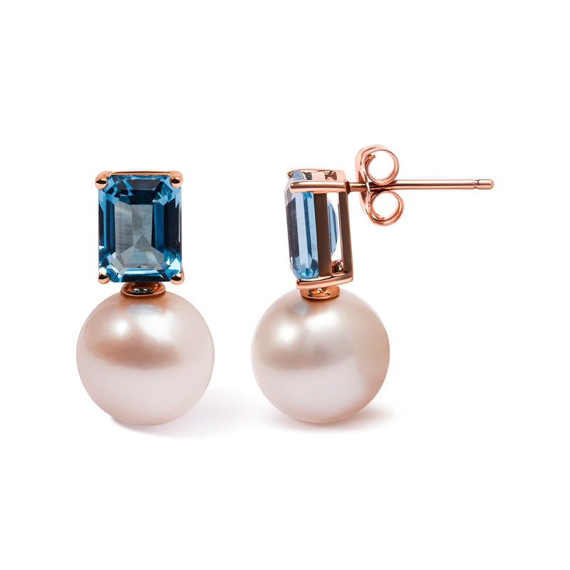 14K Rose Gold 10MM Cultured Freshwater Pearl and 8x6mm Octagon Swiss Blue Topaz Drop Earrings