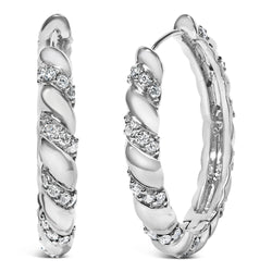 14K White Gold 1 1/5 Cttw Lab Grown Diamond Swirl Design 1" Inch Hoop Earrings (F-G Color, VS1-VS2 Clarity)