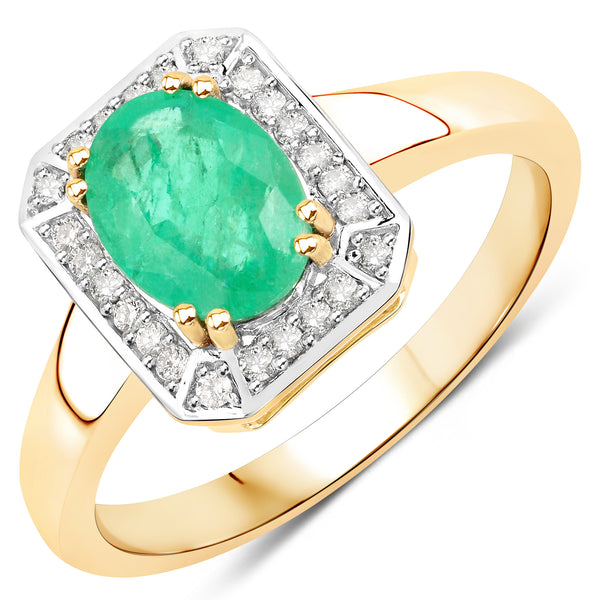 1.31 Carat Genuine Zambian Emerald and White Diamond 14K Yellow Gold Ring