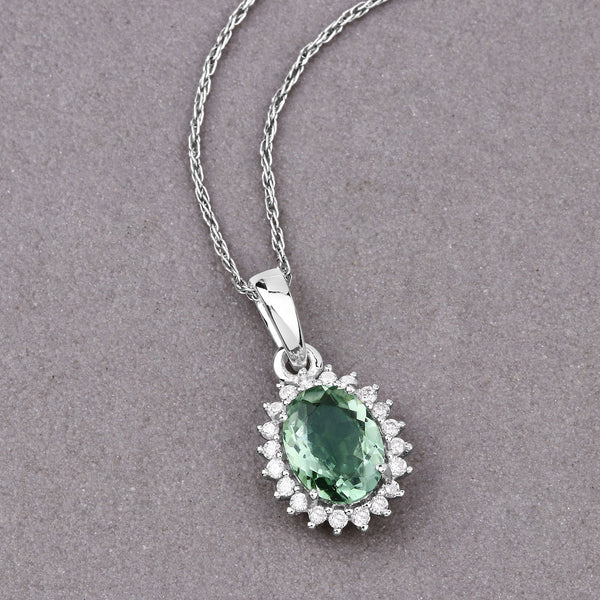 1.39 Carat Genuine Green Tourmaline and White Diamond 14K White Gold Pendant