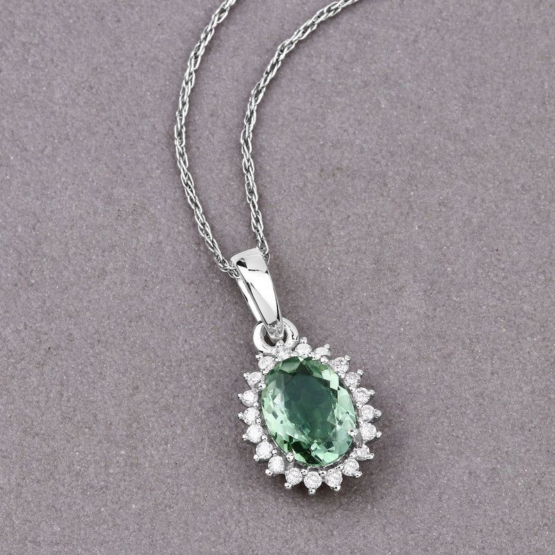 1.39 Carat Genuine Green Tourmaline and White Diamond 14K White Gold Pendant