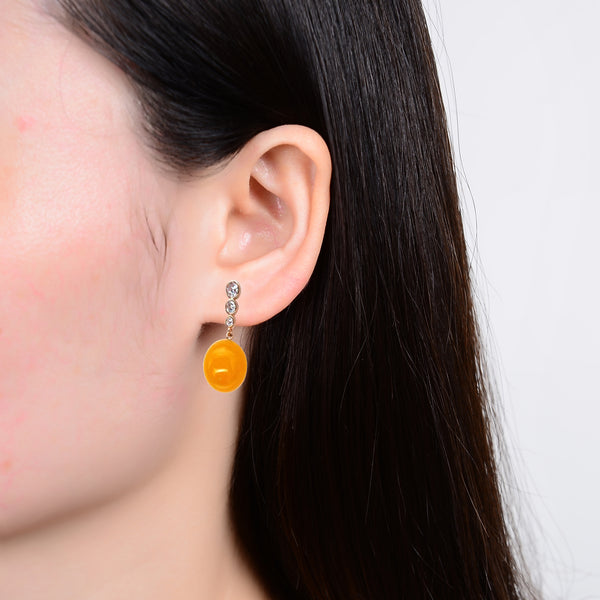 Gold Over Brass Yellow Amber Earring with Cubic Zirconia Dangling Earring