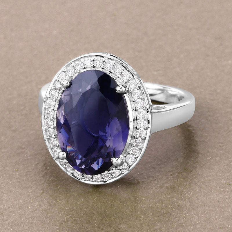 4.20 Carat Genuine Iolite and White Diamond 14K White Gold Ring