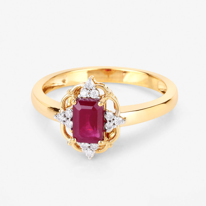 0.94 Carat Genuine Ruby and White Diamond 14K Yellow Gold Ring