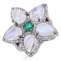 8.69 Carat Genuine Emerald, Rainbow and White Diamond .925 Sterling Silver Ring